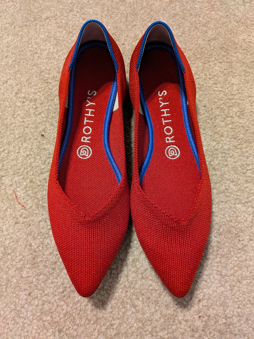 Rothy's Red Pointed Knit Flats with Blue Trim